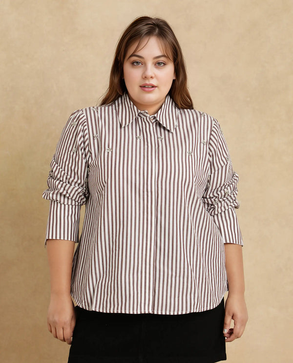 Rareism Women Fitto Rust Cotton Fabric Cuffed Sleeve Collared Neck Button Closure Narrow Stripes Shirt