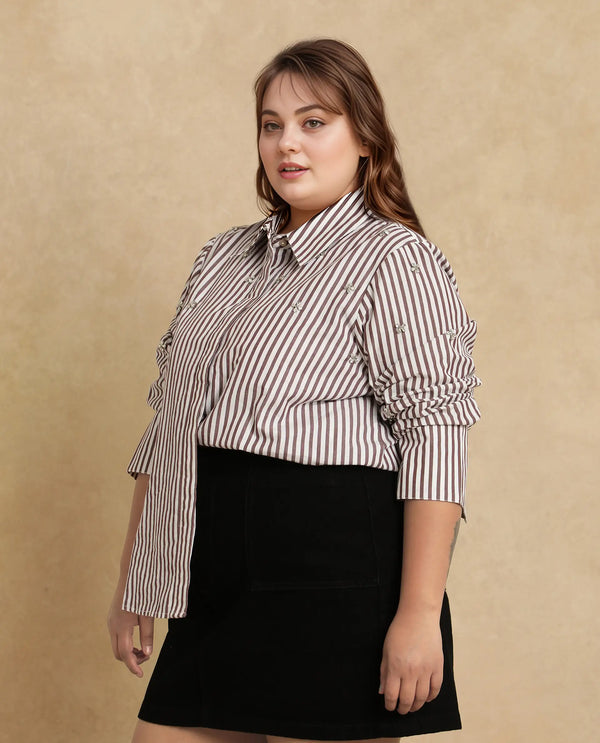 Rareism Women Fitto Rust Cotton Fabric Cuffed Sleeve Collared Neck Button Closure Narrow Stripes Shirt