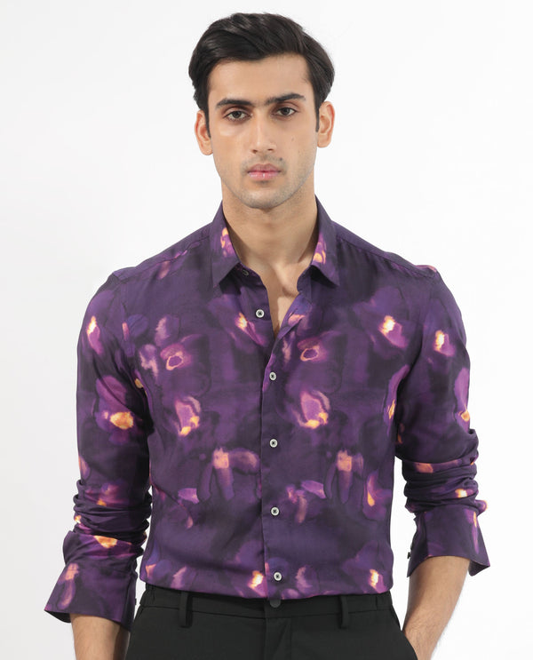 Rare Rabbit Men's Flage Purple Viscose Fabric Full Sleeves Floral Print Shirt