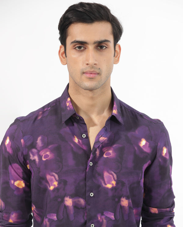 Rare Rabbit Men's Flage Purple Viscose Fabric Full Sleeves Floral Print Shirt