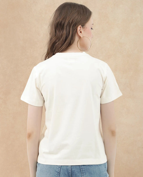 Rareism Women Flank Off White Cotton Elastane Fabric Crew Neck Knit Solid T-Shirt