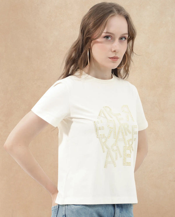 Rareism Women Flank Off White Cotton Elastane Fabric Crew Neck Knit Solid T-Shirt