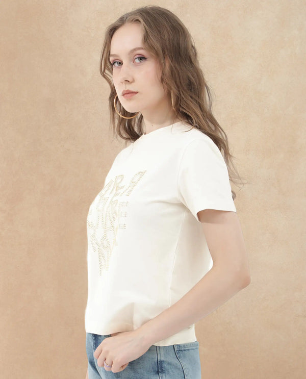 Rareism Women Flank Off White Cotton Elastane Fabric Crew Neck Knit Solid T-Shirt