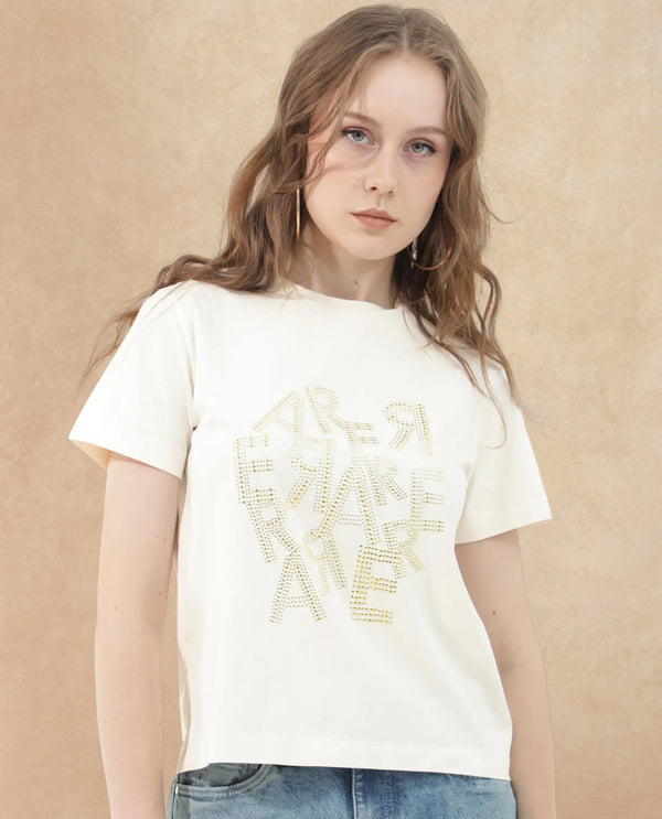 Rareism Women Flank Off White Cotton Elastane Fabric Crew Neck Knit Solid T-Shirt