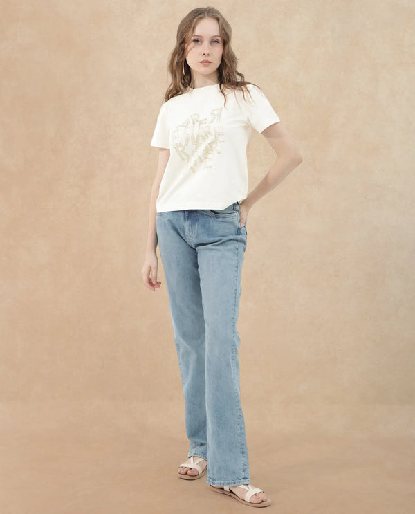 Rareism Women Flank Off White Cotton Elastane Fabric Crew Neck Knit Solid T-Shirt