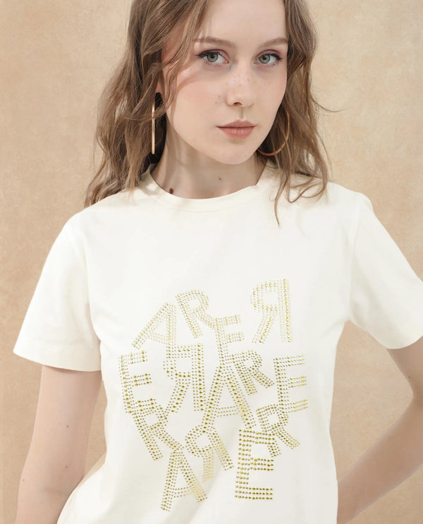 Rareism Women Flank Off White Cotton Elastane Fabric Crew Neck Knit Solid T-Shirt