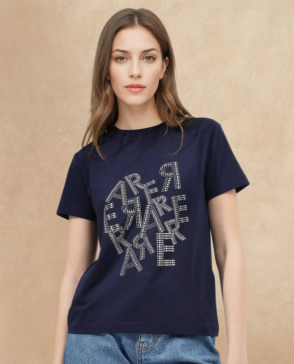 Rareism Women Flank Dark Navy Cotton Elastane Fabric Crew Neck Knit Solid T-Shirt