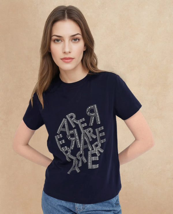 Rareism Women Flank Dark Navy Cotton Elastane Fabric Crew Neck Knit Solid T-Shirt