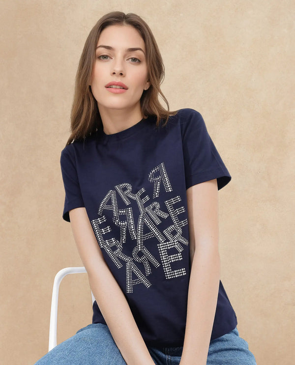 Rareism Women Flank Dark Navy Cotton Elastane Fabric Crew Neck Knit Solid T-Shirt