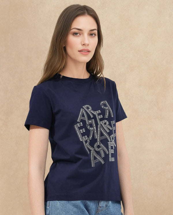 Rareism Women Flank Dark Navy Cotton Elastane Fabric Crew Neck Knit Solid T-Shirt