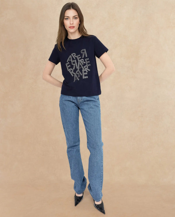 Rareism Women Flank Dark Navy Cotton Elastane Fabric Crew Neck Knit Solid T-Shirt
