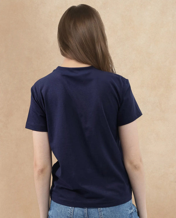Rareism Women Flank Dark Navy Cotton Elastane Fabric Crew Neck Knit Solid T-Shirt