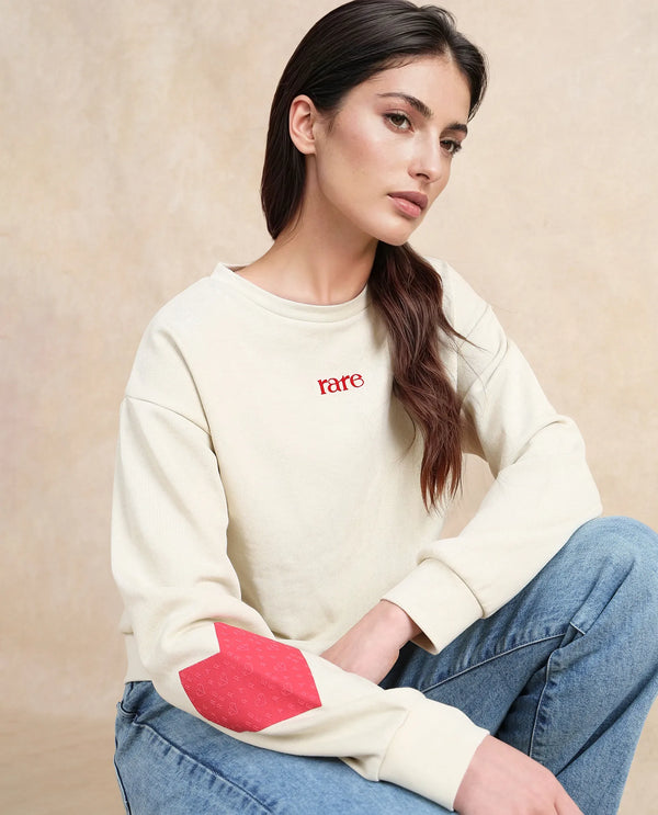 Rareism Women Flar Light Beige Cotton Blend Fabric Full Sleeve Crew Neck Relaxed Fit Graphic Print Sweatshirt