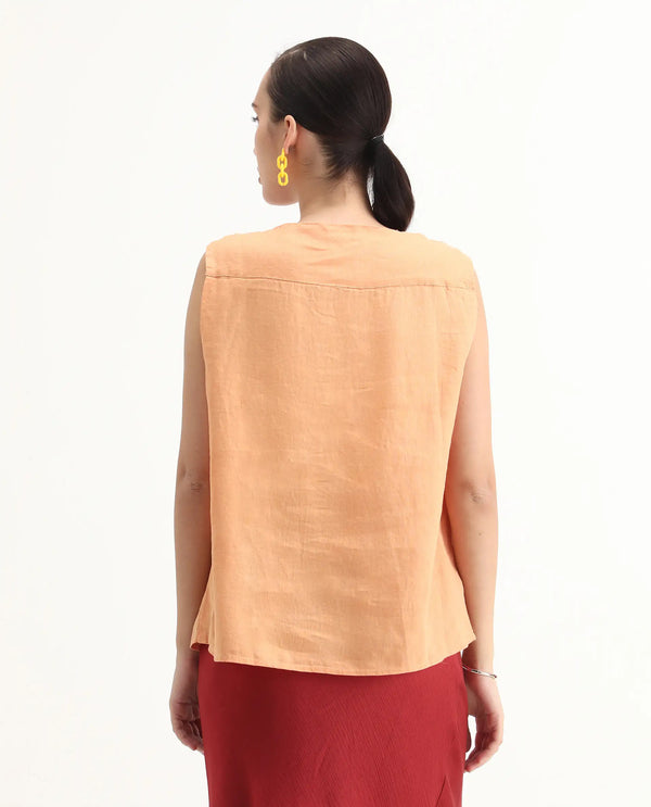 Rareism Womens Flash Orange Top Cotton Linen Fabric Regular Fit Sleeveless Round Neck