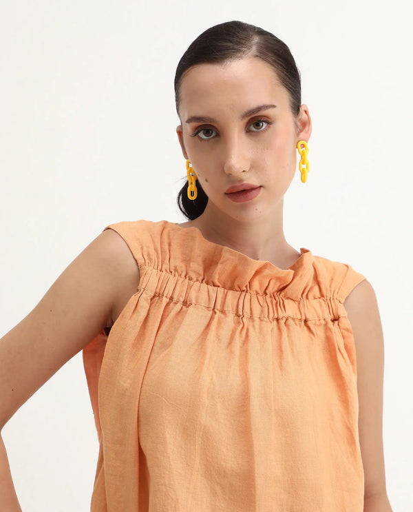 Rareism Womens Flash Orange Top Cotton Linen Fabric Regular Fit Sleeveless Round Neck
