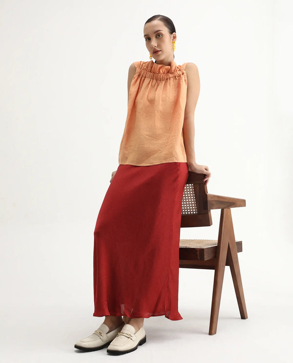 Rareism Womens Flash Orange Top Cotton Linen Fabric Regular Fit Sleeveless Round Neck