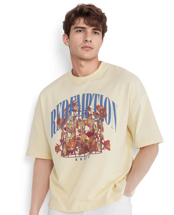 Rare Rabbit Men Fler Pastel Yellow Cotton Fabric Short Sleeve Crew Neck Oversized Fit Hd and Typography Print T-Shirt
