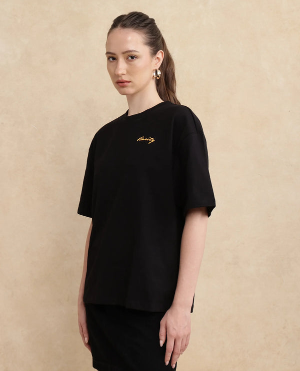 Rareism Women Flex Black Cotton Lycra Fabric Short Sleeve Crew Neck Slip-On Oversized Fit Graphic Print T-Shirt