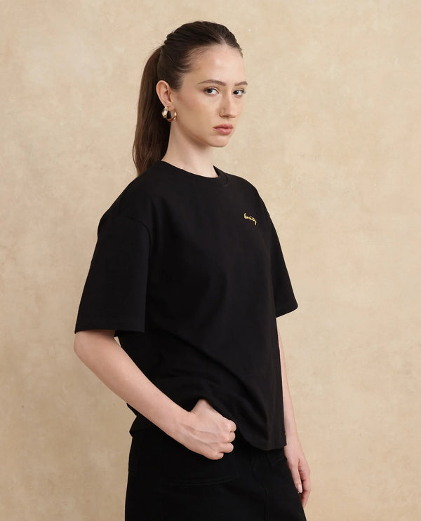 Rareism Women Flex Black Cotton Lycra Fabric Short Sleeve Crew Neck Slip-On Oversized Fit Graphic Print T-Shirt