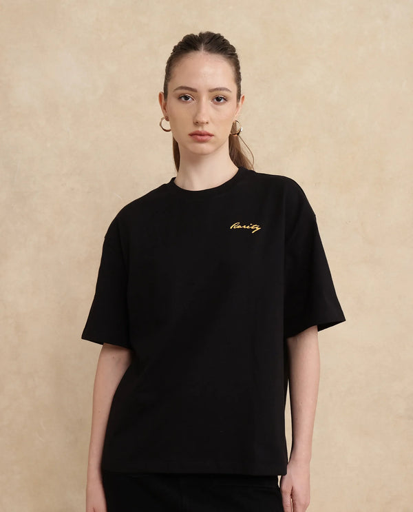 Rareism Women Flex Black Cotton Lycra Fabric Short Sleeve Crew Neck Slip-On Oversized Fit Graphic Print T-Shirt