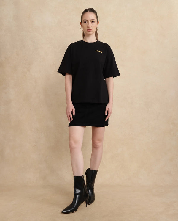 Rareism Women Flex Black Cotton Lycra Fabric Short Sleeve Crew Neck Slip-On Oversized Fit Graphic Print T-Shirt