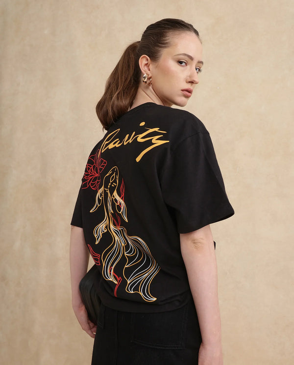 Rareism Women Flex Black Cotton Lycra Fabric Short Sleeve Crew Neck Slip-On Oversized Fit Graphic Print T-Shirt