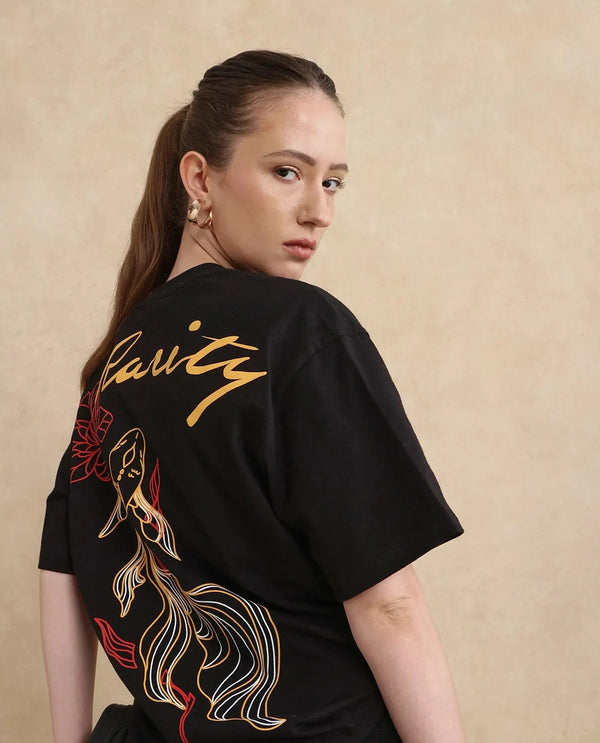 Rareism Women Flex Black Cotton Lycra Fabric Short Sleeve Crew Neck Slip-On Oversized Fit Graphic Print T-Shirt
