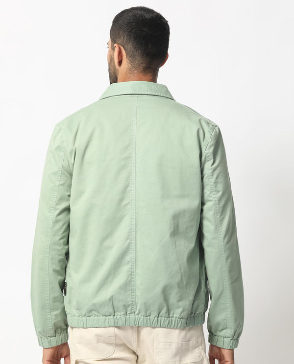 Rare Rabbit Men's Flinsten Dusky Green Plain Broad Collar Twill Jacket