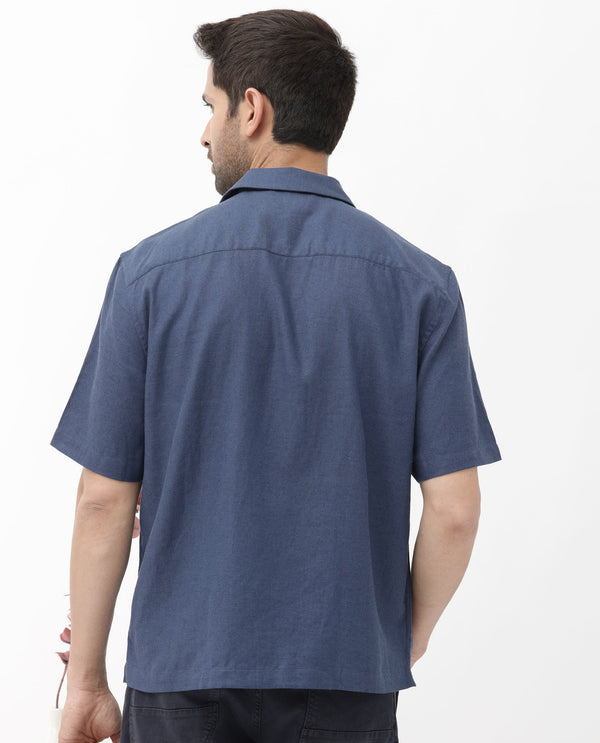 Rare Rabbit Men's Flmbo Navy Cotton Linen Modal Fabric Half Sleeves Boxy Fit Floral Embroidered Shirt