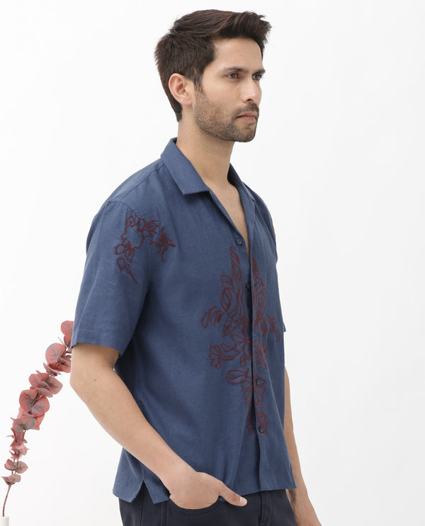 Rare Rabbit Men's Flmbo Navy Cotton Linen Modal Fabric Half Sleeves Boxy Fit Floral Embroidered Shirt