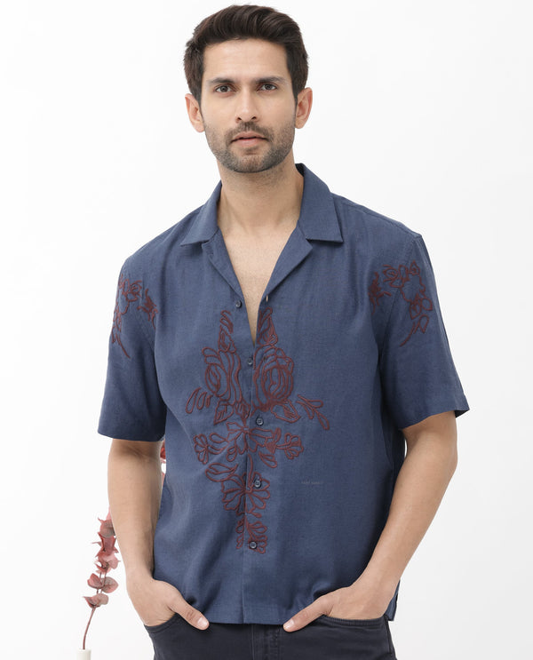 Rare Rabbit Men's Flmbo Navy Cotton Linen Modal Fabric Half Sleeves Boxy Fit Floral Embroidered Shirt