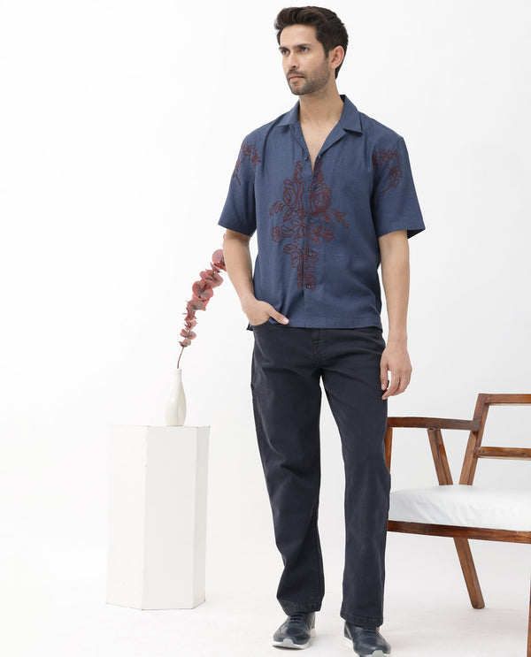 Rare Rabbit Men's Flmbo Navy Cotton Linen Modal Fabric Half Sleeves Boxy Fit Floral Embroidered Shirt