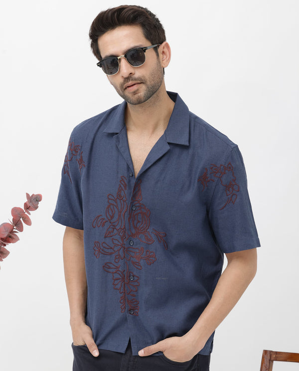 Rare Rabbit Men's Flmbo Navy Cotton Linen Modal Fabric Half Sleeves Boxy Fit Floral Embroidered Shirt
