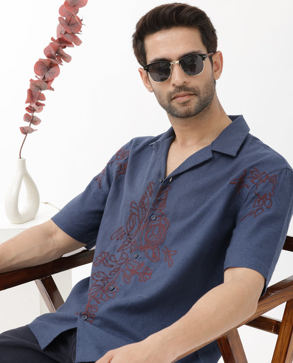 Rare Rabbit Men's Flmbo Navy Cotton Linen Modal Fabric Half Sleeves Boxy Fit Floral Embroidered Shirt