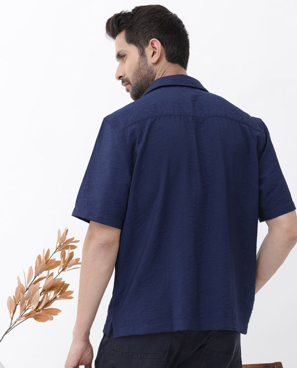 Rare Rabbit Men's Flo Navy Viscose Fabric Half Sleeves Boxy Fit Creased Effect Solid Shirt