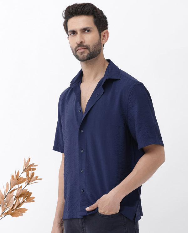 Rare Rabbit Men Flo-11 Navy Viscose Blend Half Sleeve Collared Neck Plain Shirt