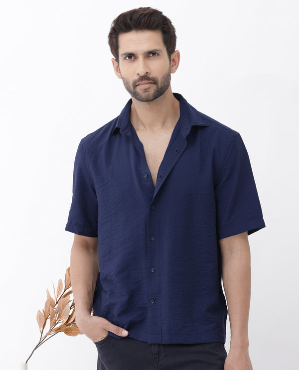 Rare Rabbit Men Flo-11 Navy Viscose Blend Half Sleeve Collared Neck Plain Shirt