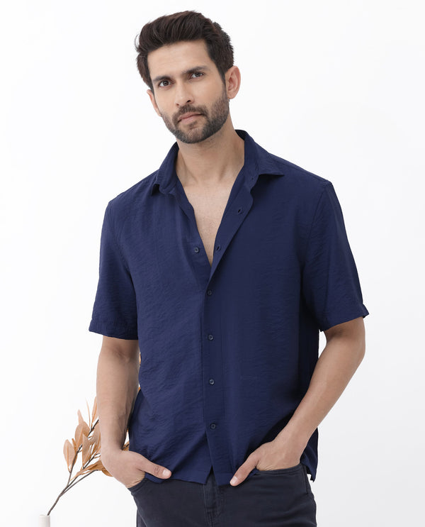 Rare Rabbit Men's Flo Navy Viscose Fabric Half Sleeves Boxy Fit Creased Effect Solid Shirt