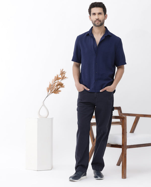Rare Rabbit Men's Flo Navy Viscose Fabric Half Sleeves Boxy Fit Creased Effect Solid Shirt