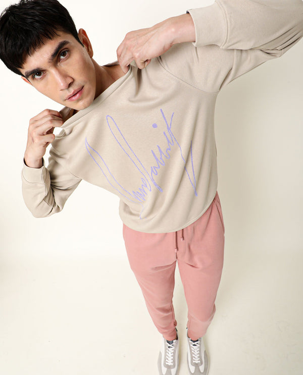 Rare Rabbit Men's Flocker Beige Cotton Polyester Fabric Full Sleeves Signature Branding Sweatshirt