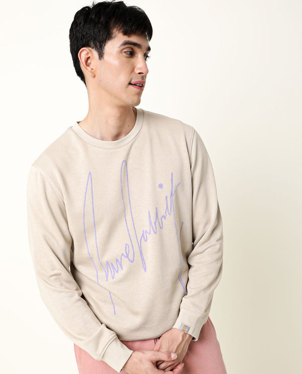 Rare Rabbit Men's Flocker Beige Cotton Polyester Fabric Full Sleeves Signature Branding Sweatshirt