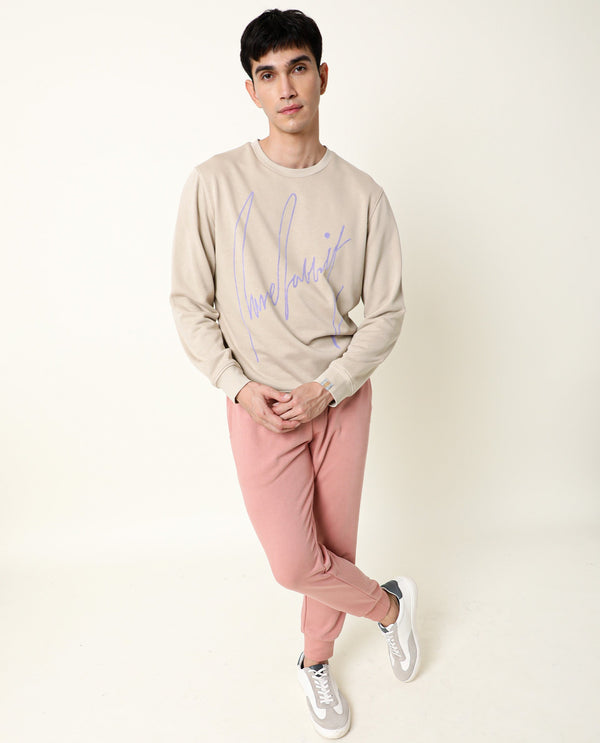 Rare Rabbit Men's Flocker Beige Cotton Polyester Fabric Full Sleeves Signature Branding Sweatshirt