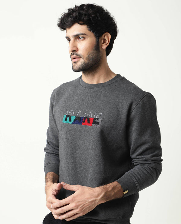 Rare Rabbit Mens Floki Black Cotton Polyester Fabric Crew Neck Full Sleeves Slim Fit Sweatshirt