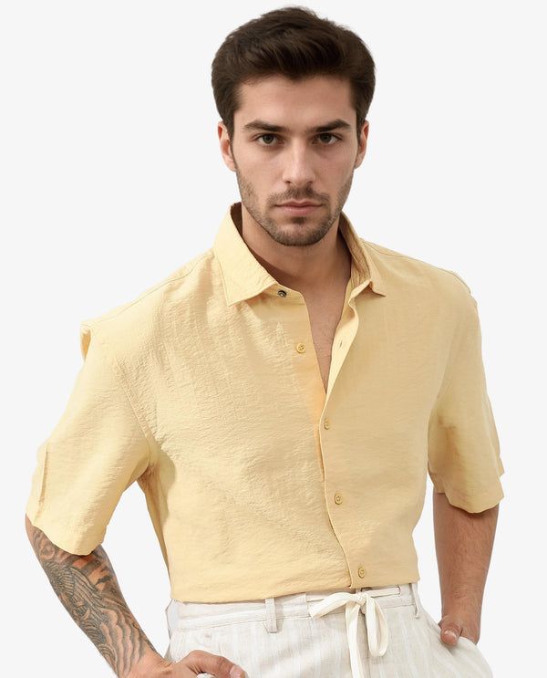 Rare Rabbit Men's Flo Light Yellow Viscose Fabric Half Sleeves Boxy Fit Creased Effect Solid Shirt