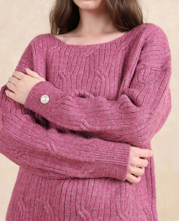 Rareism Women Floran Pink Oversized Fit Plain Sweater