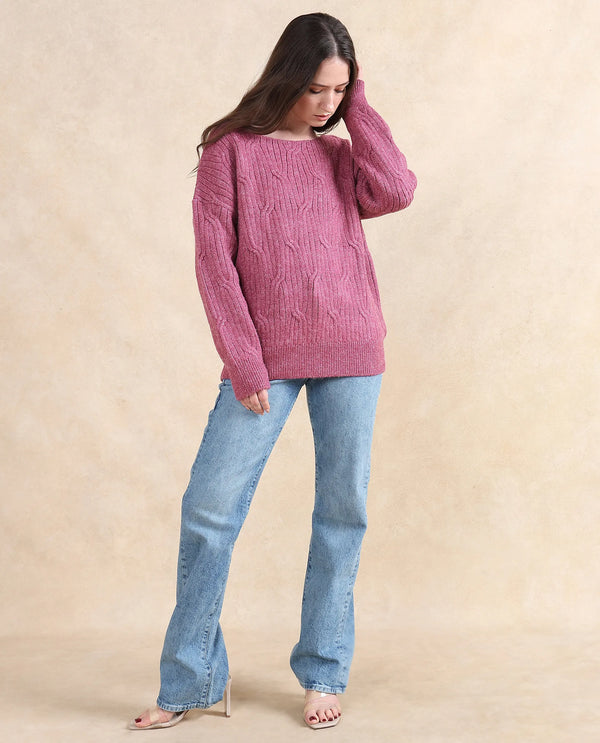 Rareism Women Floran Pink Oversized Fit Plain Sweater