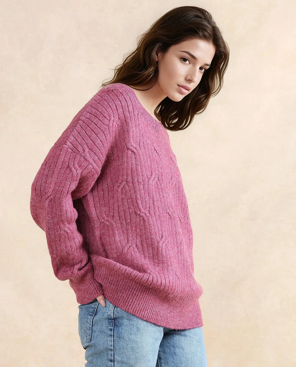 Rareism Women Floran Pink Oversized Fit Plain Sweater