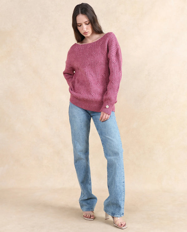 Rareism Women Floran Pink Oversized Fit Plain Sweater