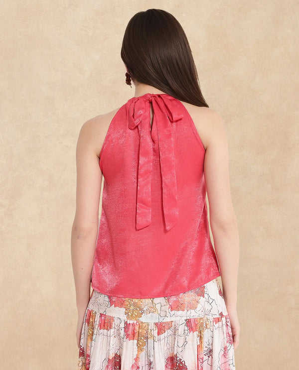 Rareism Women Floren Light Orange Sleeveless Halter Neck Plain Top