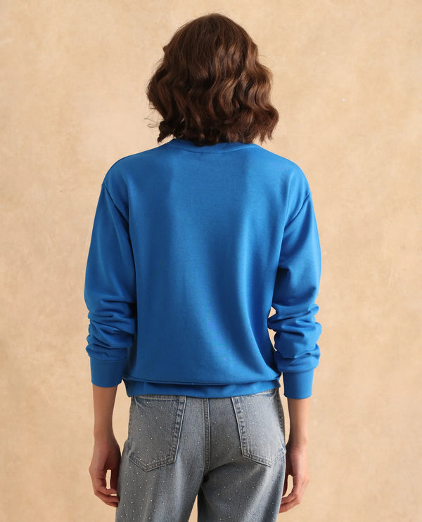 Rareism Women Flowe Blue Cotton Poly Fabric Full Sleeve Crew Neck Regular Fit Graphic Print Sweatshirt